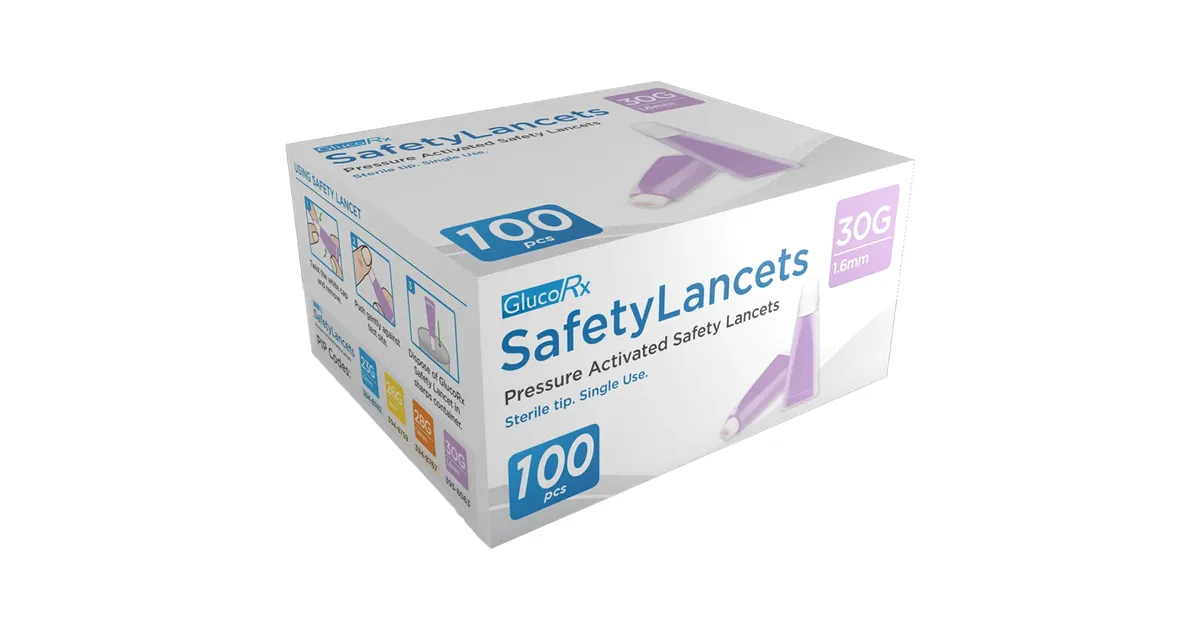 GlucoRx 30g / 1.6mm Safety Lancets - 100 Pack