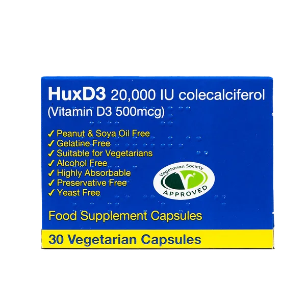 Hux-D3 20,000 IU Colecalciferol Vitamin D3 - 30 Capsules