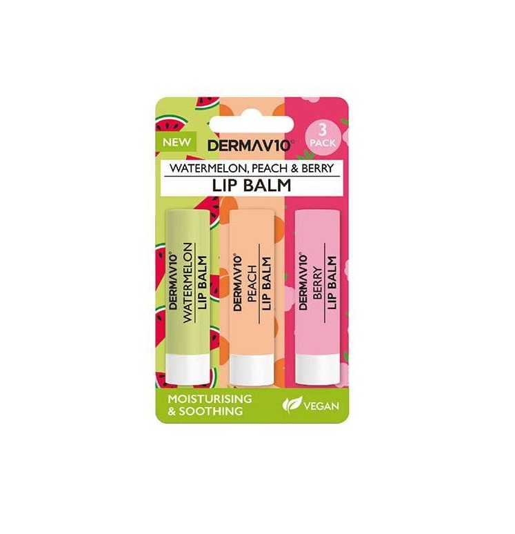 Derma V10 Lip Balm Summer Flavours 3 Pack (Watermelon, Peach & Berry)